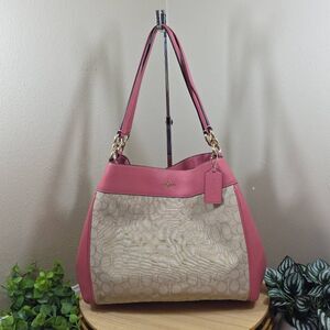 Coach Lexy Signature Zip Top Tote Shoulder Bag | Khaki Jacquard & Mauve Leather